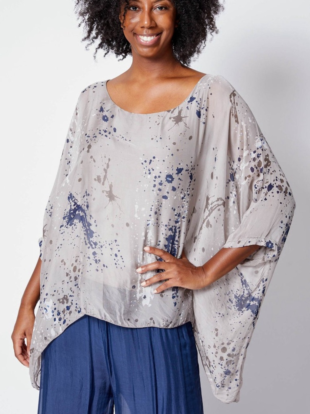 Italian Silk Paint Splatter Blouse Womens L Gray Sheer  Dolman Oversized